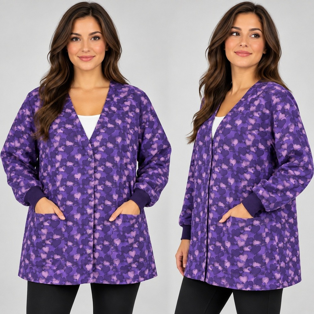 Tafford Purple Heart Print Scrub Jacket Womens Snap Front Long Sleeve Warm Up